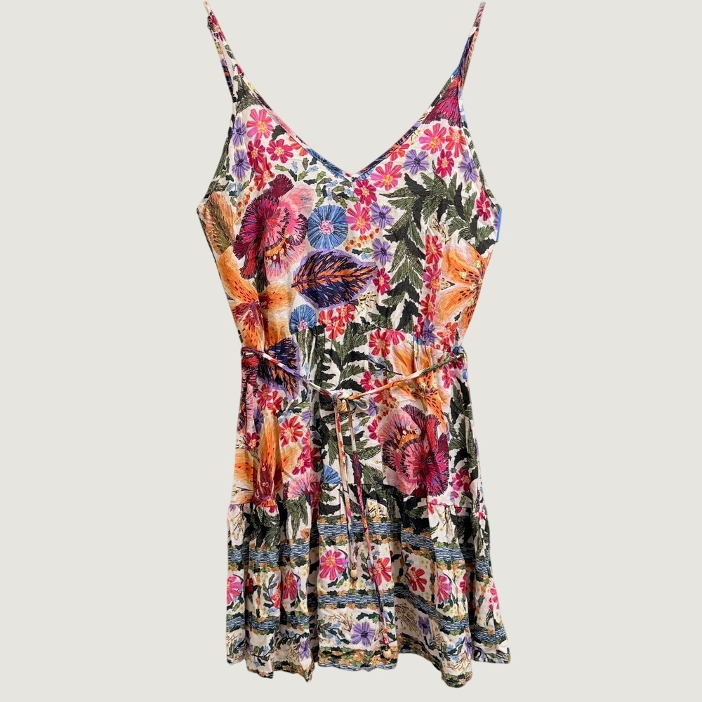 Farm Rio Floral Mini Dress Size Large Multi Color Viscose Tie Casual Summer-NWT - Picture 2 of 13
